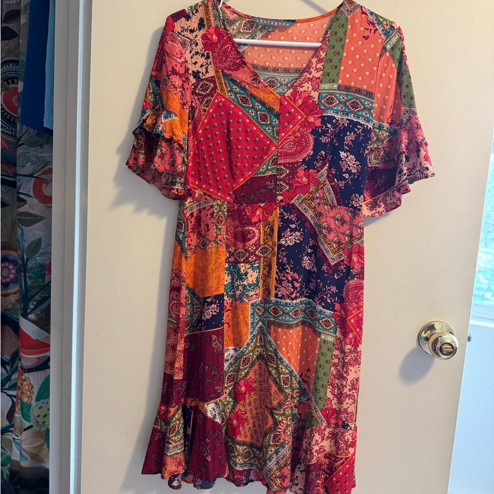 Sharagano Red and Orange Midi Dress